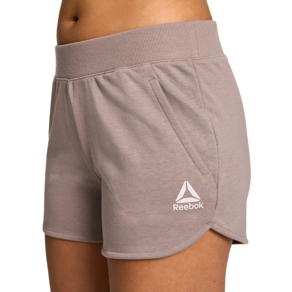 Women's Large Driftwood Reebok Studio Shorts Relaxed Fit Pockets Stretch Jersey‎
